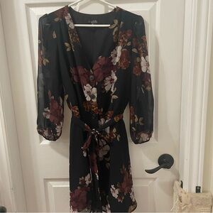 Dynamite Black Floral Wrap Dress with Burgundy & Cream Blooms